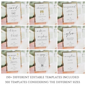 May include: Nine framed wedding signs with gold borders and white backgrounds. The signs have various phrases like "Pick a Card," "Champagne," and "Reserved." The image also includes text stating "150+ Different Editable Templates Included."