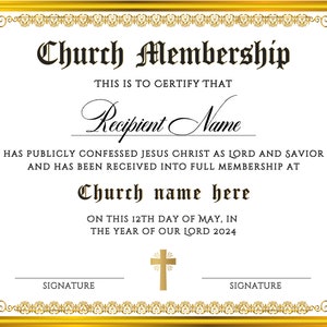 Church Membership Certificate Template, Editable Certificate of Membership, Printable Church New ...