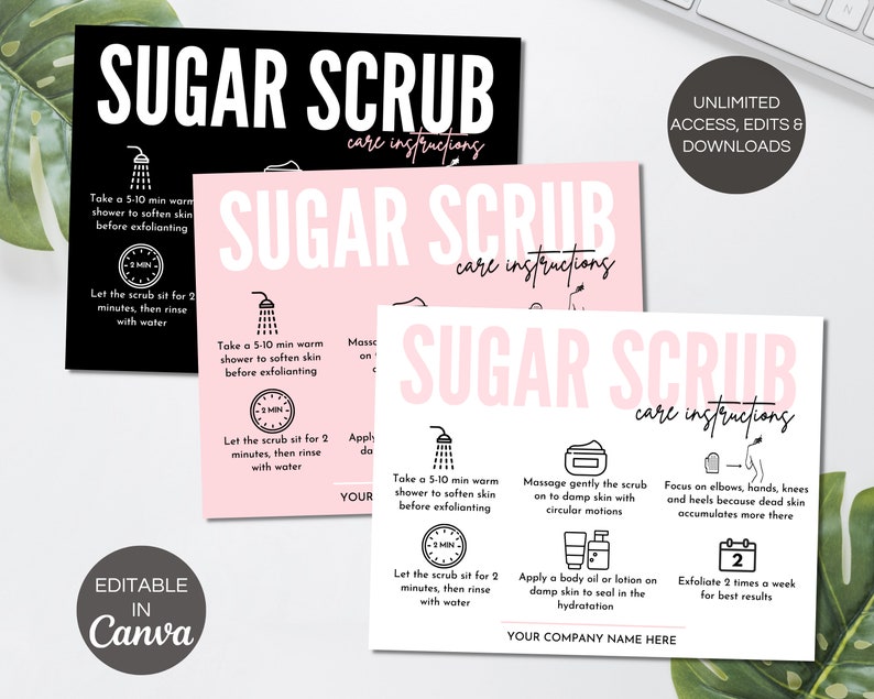 Sugar Scrub Care Card Template, Editable Body Scrub Care Guide, Printable Exfoliating Butter Application Customer Instructions. TDS-05 image 1