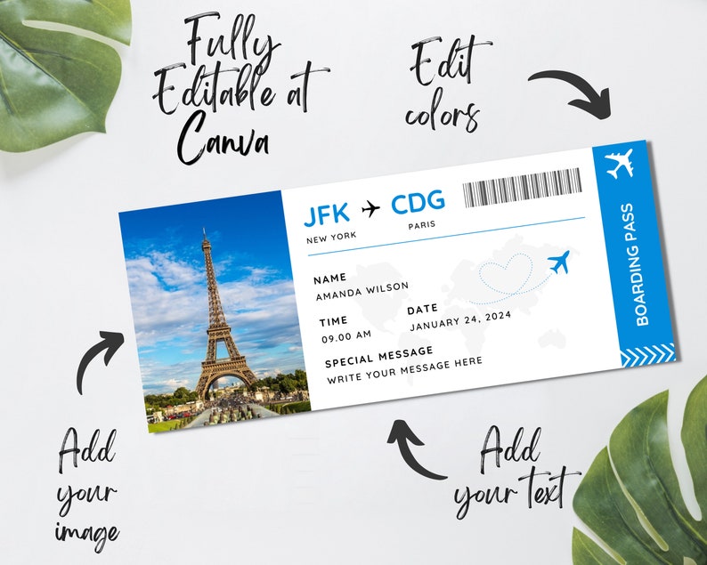 Plantilla Canva de tarjeta de embarque editable, billete de avión imprimible, viaje sorpresa con tarjeta de embarque, billete de embarque DIY de descarga digital. TDS-13 imagen 4