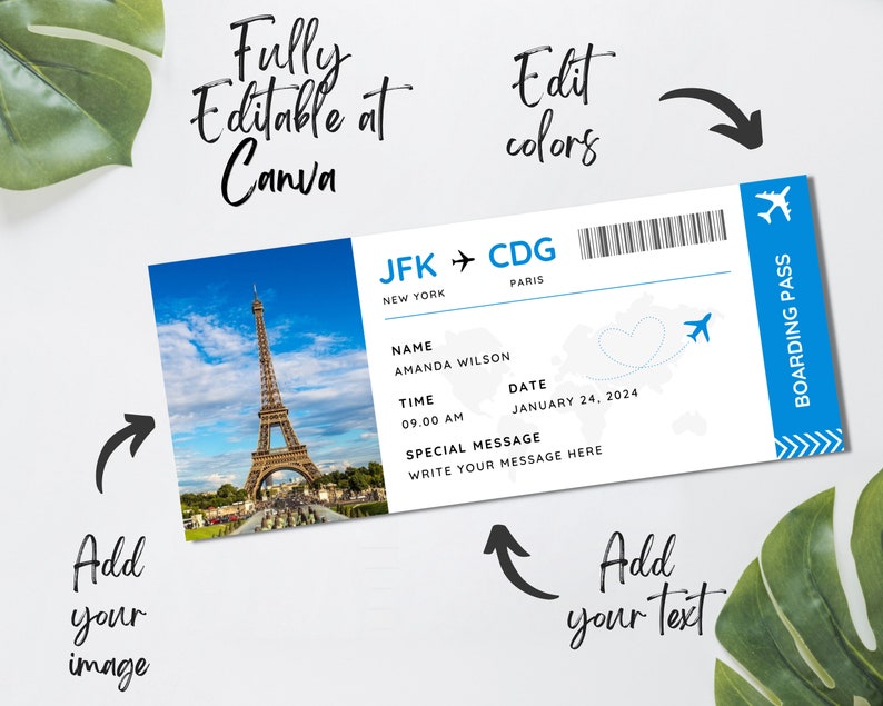 Modèle canva modifiable de carte d'embarquement, billet d'avion imprimable, voyage surprise avec carte d'embarquement, billet d'embarquement DIY à télécharger. FT-13 image 4