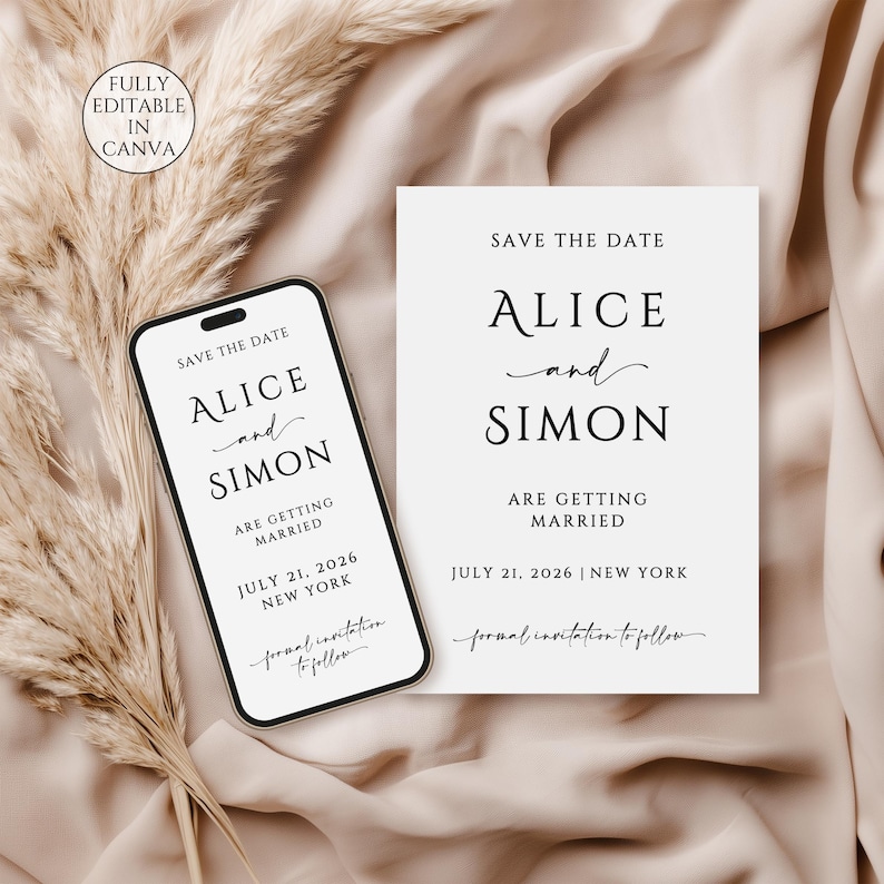 May include: A smartphone and a card display a wedding announcement. The text reads "Save the Date" with the names "Alice and Simon" and the date "July 21, 2026, New York." The design is minimalist with a cream background and elegant typography.