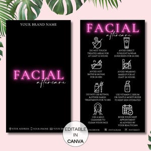 Facial Aftercare Card, Facial Care Cards, Printable Esthetician Care Introductions Template, Facial Treatment Post Care Guide.