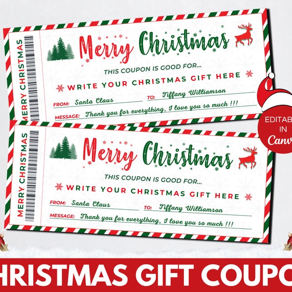Editable Christmas Coupon Canva Template, Christmas Gift Card, Editable Event Ticket,Boyfriend Christmas Gift Coupon Christmas Gifts.TDS-13