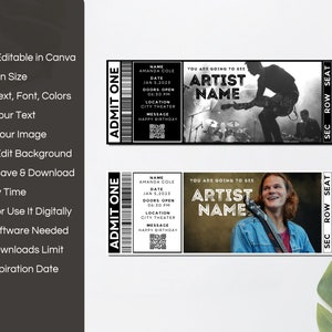 Editable Concert Ticket Canva Template, Printable Event Ticket, Custom Concert Ticket Invitation,Concert Ticket Digital Download Gift.TDS-13 zdjęcie 2