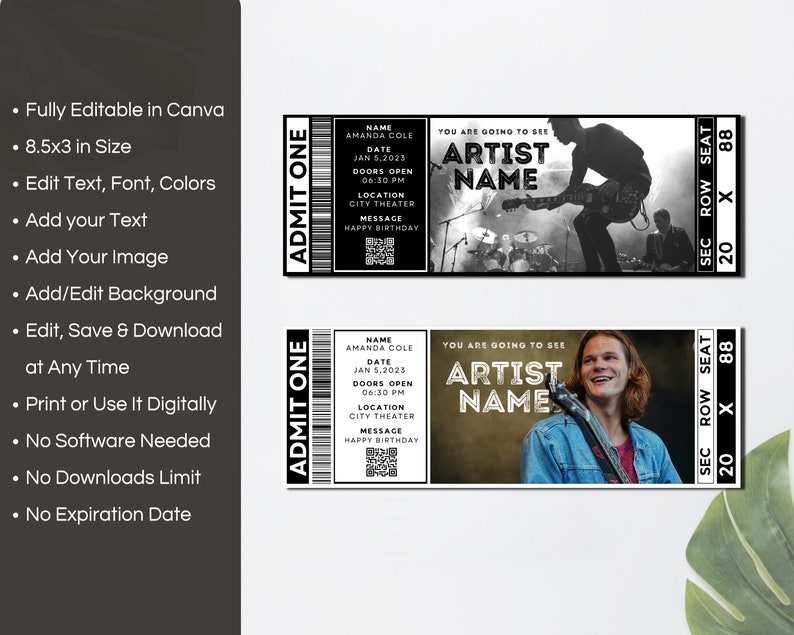 Editable Concert Ticket Canva Template, Printable Event Ticket, Custom Concert Ticket Invitation,Concert Ticket Digital Download Gift.TDS-13 zdjęcie 2