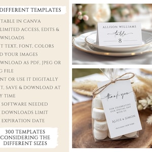 May include: A collection of wedding stationery templates. The image includes a place card with the name "Allison Williams" and table number 8, a "thank you" tag, and a list of features including "editable in Canva".