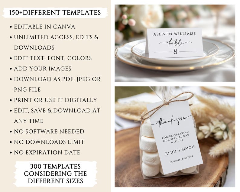 May include: A collection of wedding stationery templates. The image includes a place card with the name "Allison Williams" and table number 8, a "thank you" tag, and a list of features including "editable in Canva".