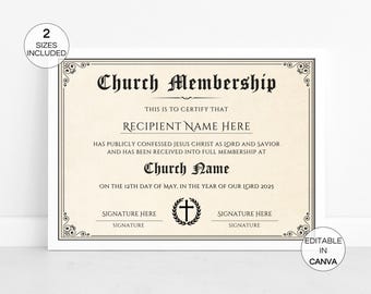 Church Membership Certificate, Editable Certificates Of Membership, Churches New Members Religious Canva Template