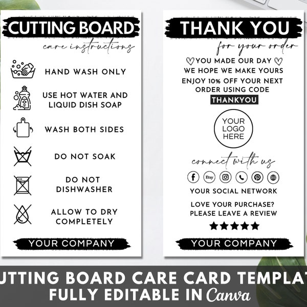 Cutting Board Care Card Template, Editable Chopping Board Care Instructions, Printable Cutting Board Small Business Thank You Cards. TDS-05