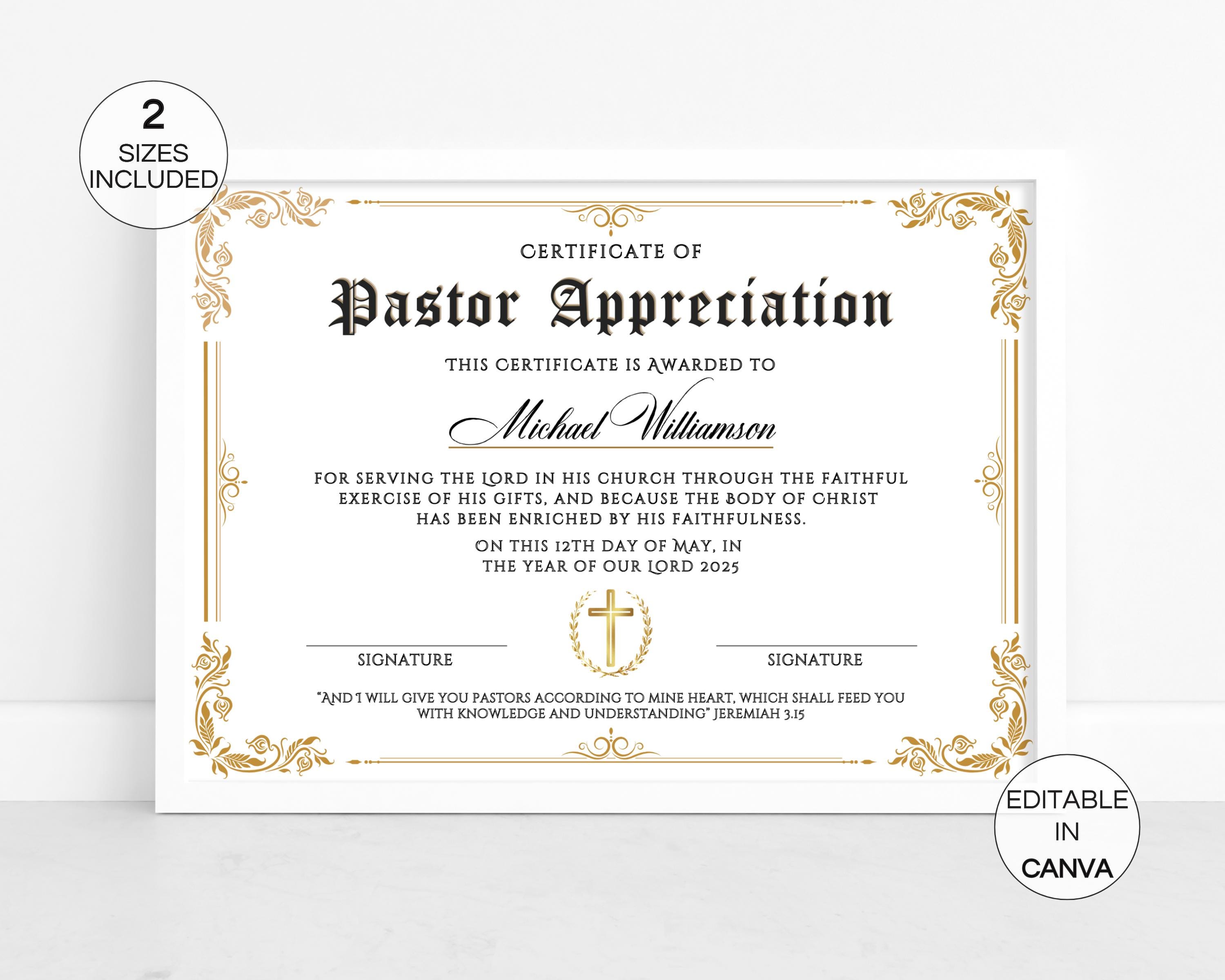 Pastor Appreciation Certificate, Editable Pastor Certificate of ...