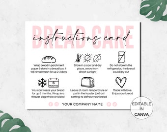 Bread Care Card, Editable Loaf Of Bread Care Instructions, Printable Fresh Bread Care Guide, Bakery Care Cards Canva Template. TDS-05