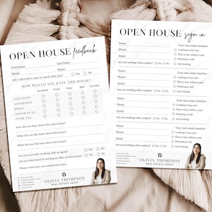 May include: Two white Open House forms with black text. One is a feedback form with rating scales and questions. The other is a sign-in sheet with fields for name, phone, and email. Both forms include the text "Olivia Thompson Real Estate Agent".