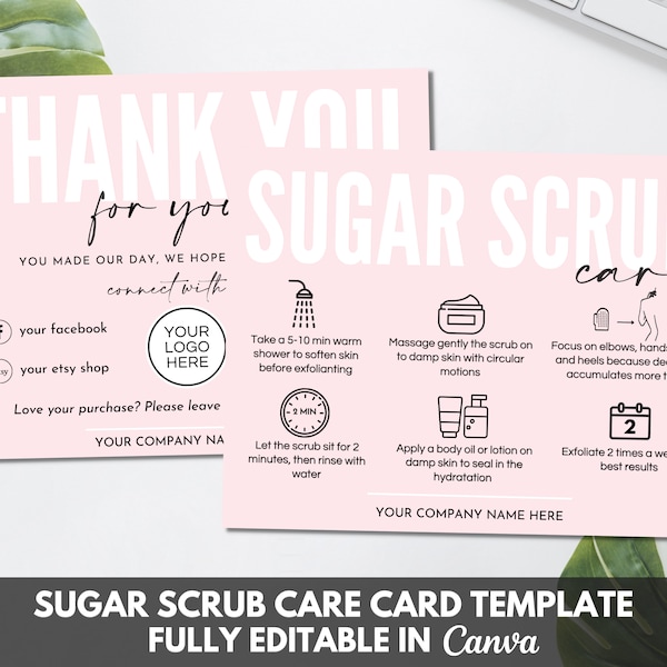 Sugar Scrub Care Card Template, Editable Body Scrub Care Guide, Printable Small Business Seller Thank You Cards Canva Template. TDS-05