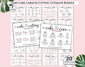 Cake Business Bundle, Printable Cake Care Cards, Cakes Cutting Instructions, 20 Editable Canva Templates