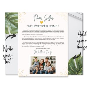 May include: A handwritten letter with a heart and gold accents, stating "Dear Seller, We Love Your Home!" The letter is a template for a home buyer to personalize with their own message. A family photo is included in the template.