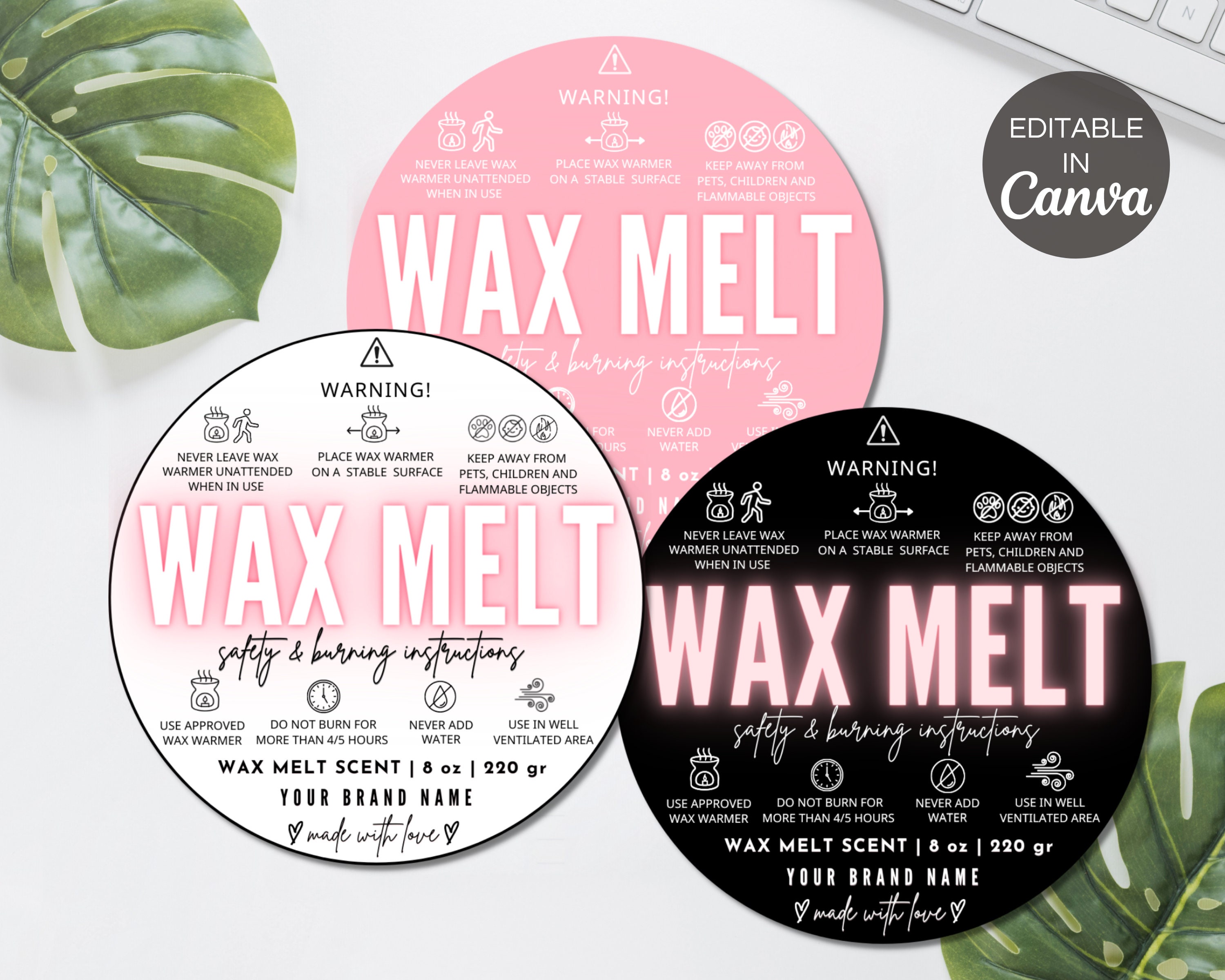 Editable Wax Melt Warning Label Template Care & Fire Safety