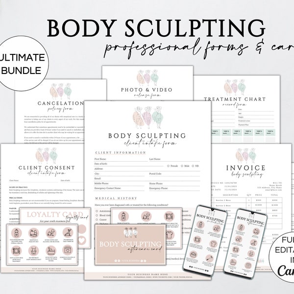 Body Sculpting Intake Forms Bundle, Editable Body Contouring Consultation Consent Form,Esthetician Client Intake Forms Canva Template.TDS-05