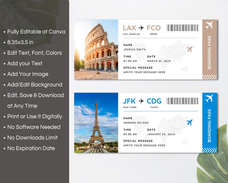 Editable Boarding Pass Canva Template, Printable Airline Ticket, Boarding Pass Surprise Trip, Digital Download DIY Boarding Ticket. TDS-13 image 2