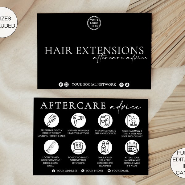 Modèle de carte d'entretien pour extensions de cheveux, entretien des extensions de cheveux modifiable, instructions d'entretien imprimables pour le salon de coiffure, guide de soin des cheveux. FT-05