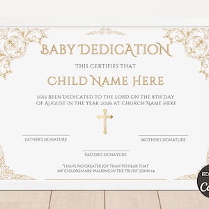 Certificado de Dedicación de Bebé Editable, Plantilla Imprimible de Certificado de Dedicación de Niño, Certificado de Bautismo, Recuerdo de Dedicación. TDS-10