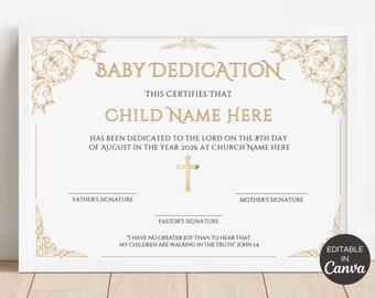 Editable Baby Dedication Certificate, Printable Child Dedication Certificate Template, Baptism Certificate, Dedication Keepsake. TDS-10