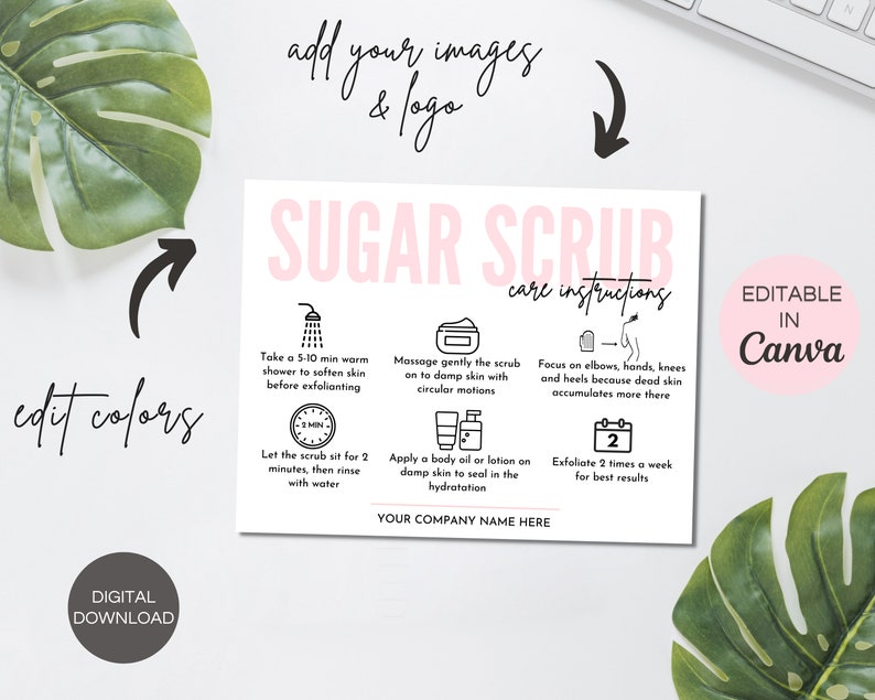 Sugar Scrub Care Card Template, Editable Body Scrub Care Guide, Printable Exfoliating Butter Application Customer Instructions. TDS-05 image 3