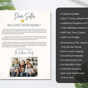 May include: A printable template for a home buyer to use when writing a letter to a seller. The template features a gold heart and gold accents on a white background. The text reads "Dear Seller, We Love Your Home!" and includes a list of features of the template, such as "2 Sizes Included", "8.5x11 In (US Letter) & A4", "Additional Graphics at Canva", "Fully Editable Online at Canva", "Edit Text, Font, Colors", "Add Your Image", "Download as Pdf, Jpeg or Png File (Not Word)", "Print or Use It Digitally", "No Software Needed", "No Downloads Limit", "No Expiration Date", "Unlimited Revisions", "Edit, Save & Download at Any Time".