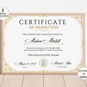 Plantilla de certificado de donación editable, certificado de agradecimiento para organizaciones benéficas y recaudadoras de fondos personalizable, certificado de donación imprimible en Canva.