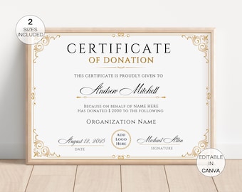 May include: A framed certificate of donation with a gold border and decorative accents. The certificate includes the text "Certificate of Donation", recipient's name, donation details, and signature lines. The date is August 12, 2025.