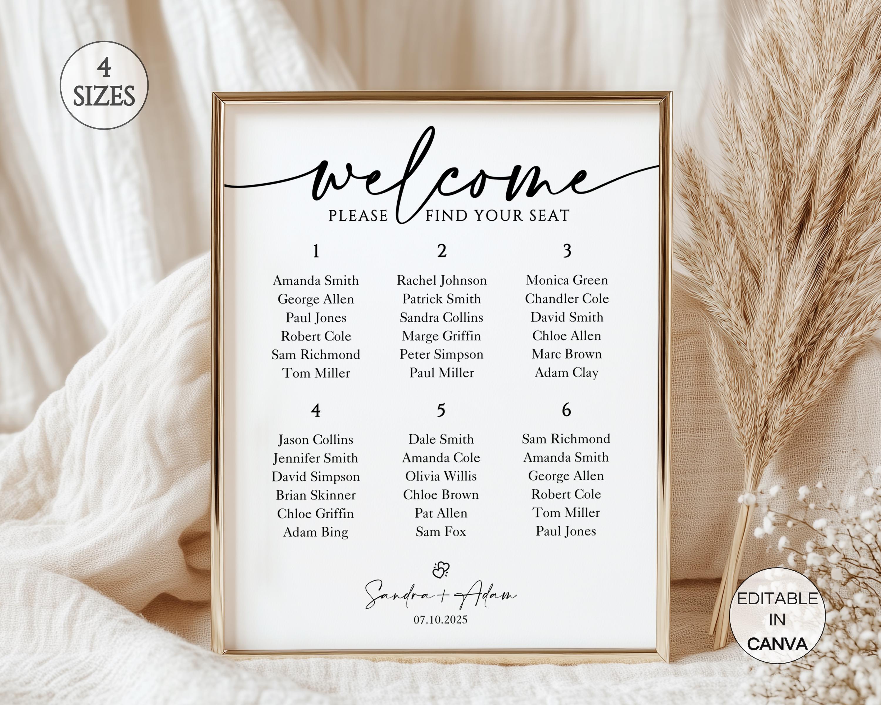 Small Wedding Seating Chart Sign Template, Wedding Reception Seating ...