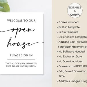 May include: A white sign with black text that reads "WELCOME TO OUR open house PLEASE SIGN IN TAKE A LOOK AROUND & FEEL FREE TO ASK ANY QUESTION." The sign also includes details about the template.