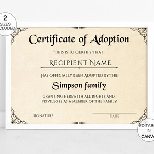 Modèle de certificat d&#39;adoption, certificat d&#39;adoption d&#39;enfant modifiable, certificat d&#39;adoption familial imprimable, certificat-cadeau de belle-mère