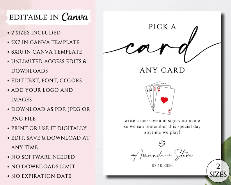 Playing Cards Guest Sign, Pick A Card Any Card Wedding Sign Template ...