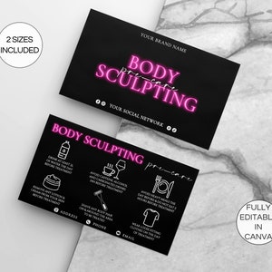 Tarjeta de cuidados previos a la escultura corporal, instrucciones editables para el cuidado del contorno corporal, tarjetas de salón de belleza imprimibles, plantilla de esteticista de Canva. TDS-05