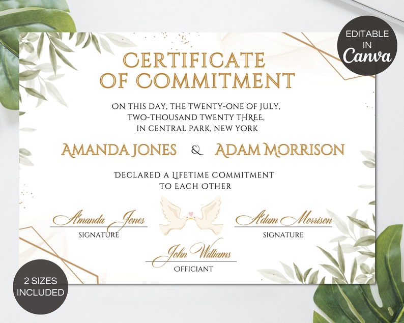 Editable Certificate of Commitment Template, Custom Commitment ...