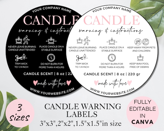 Candle Warning Label, Printable Candle Safety Instructions Sticker, 3 Sizes Editable Canva Template