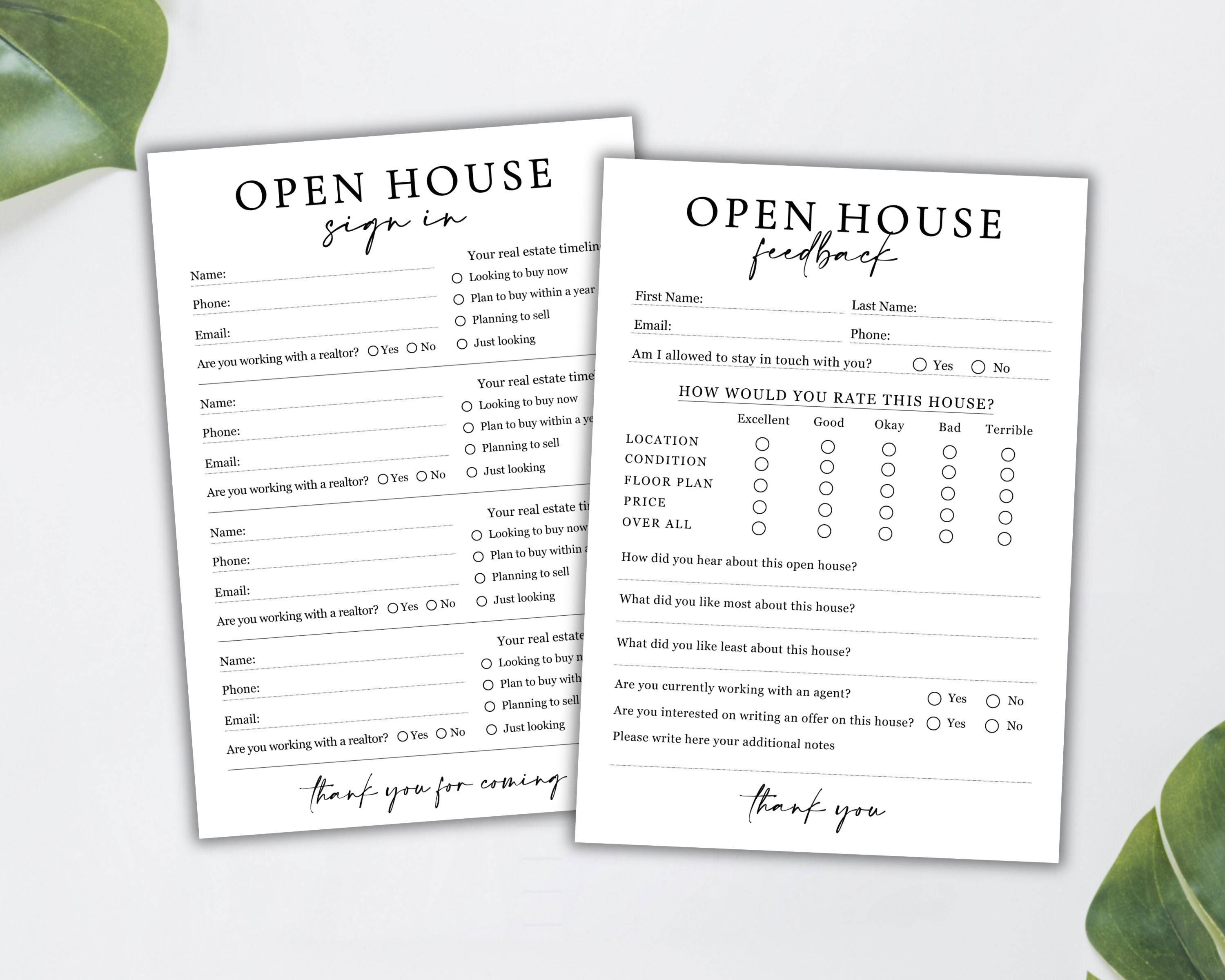 Open House Feedback and Sign in Form Bundle, Printable Realtor Forms ...