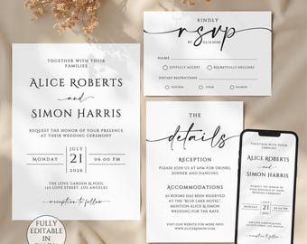 Elegant Wedding Invitation Suite Template, Editable Minimalist Wedding Invitations Details Electronic Invite RSVP Cards