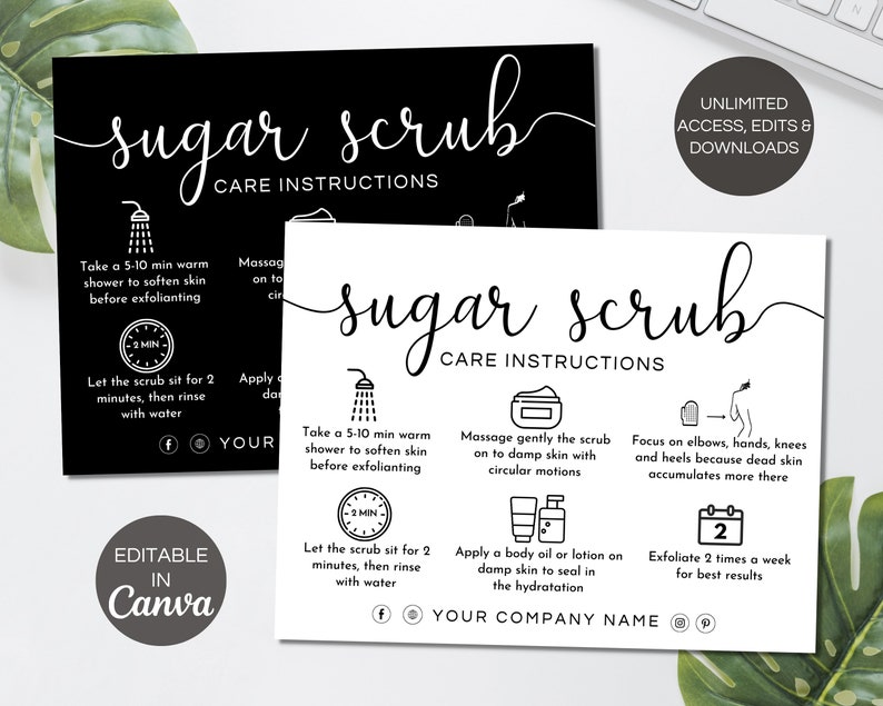 Scrub Application Sugar Scrub Care Card Template, Editable Body Scrub Instructions ...