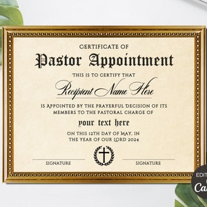 Pastor Appointment Certificate Template, Editable Certificate Of Appointment, Printable Church Certificates, Religious Canva Template.TDS-10