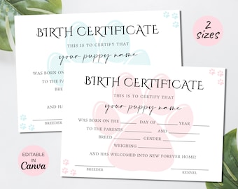 Modèle de certificat de naissance de chiot, empreinte de patte modifiable nouveau certificat de naissance de chien de chat de chiot, certificat de naissance d'adoption d'animal de compagnie imprimable. TD-09