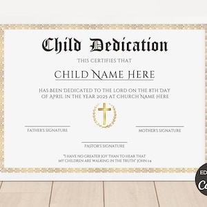 Certificado de Dedicación de Bebé Editable, Plantilla Imprimible de Certificado de Dedicación de Niño, Certificado de Bautismo, Recuerdo de Dedicación. TDS-10