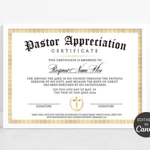 Certificat d'appréciation du pasteur, certificat d'appréciation du pasteur modifiable, certificat d'anniversaire d'appréciation du pasteur imprimable. FT-10