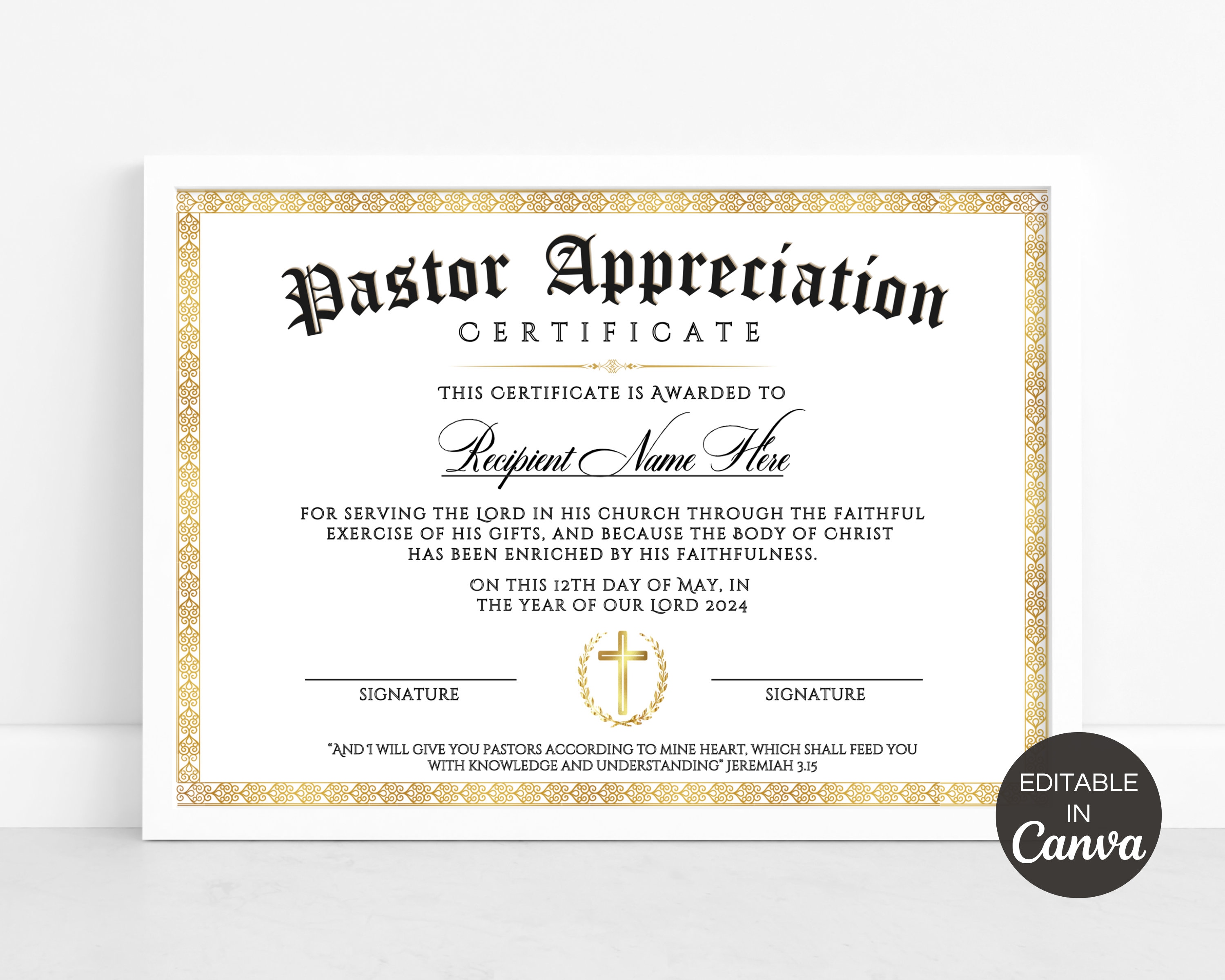 Pastor Appreciation Certificate, Editable Pastor Certificate of ...