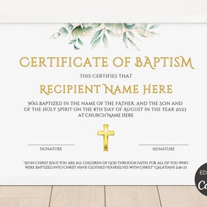 Plantilla de certificado de bautismo, recuerdo de bautismo imprimible, plantilla de bautismo de bebé editable, plantillas de bautizo de Canva. TDS-10