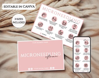 Tarjeta de cuidados posteriores a la microaguja, tarjetas editables de cuidados posteriores a la microaguja, plantilla imprimible para esteticista de salón de belleza facial
