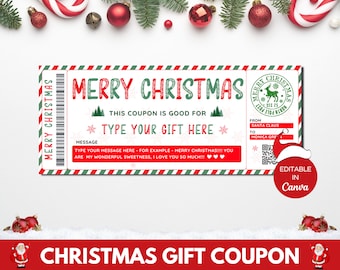 Editable Christmas Gift Coupon Template, Printable Christmas Gift Certificate, Christmas Gift Card, Personalized Christmas Gift Idea. TDS-13