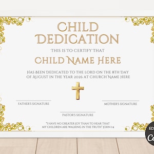 Certificado de dedicación de bebé editable, plantilla de certificado de dedicación de niño imprimible, certificado de bautismo, recuerdo de dedicación. TDS-10
