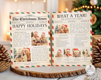 Plantilla de tarjeta navideña de resumen del año, collage de fotos editable de "Qué año tan especial", boletín navideño imprimible, tarjeta navideña de periódico